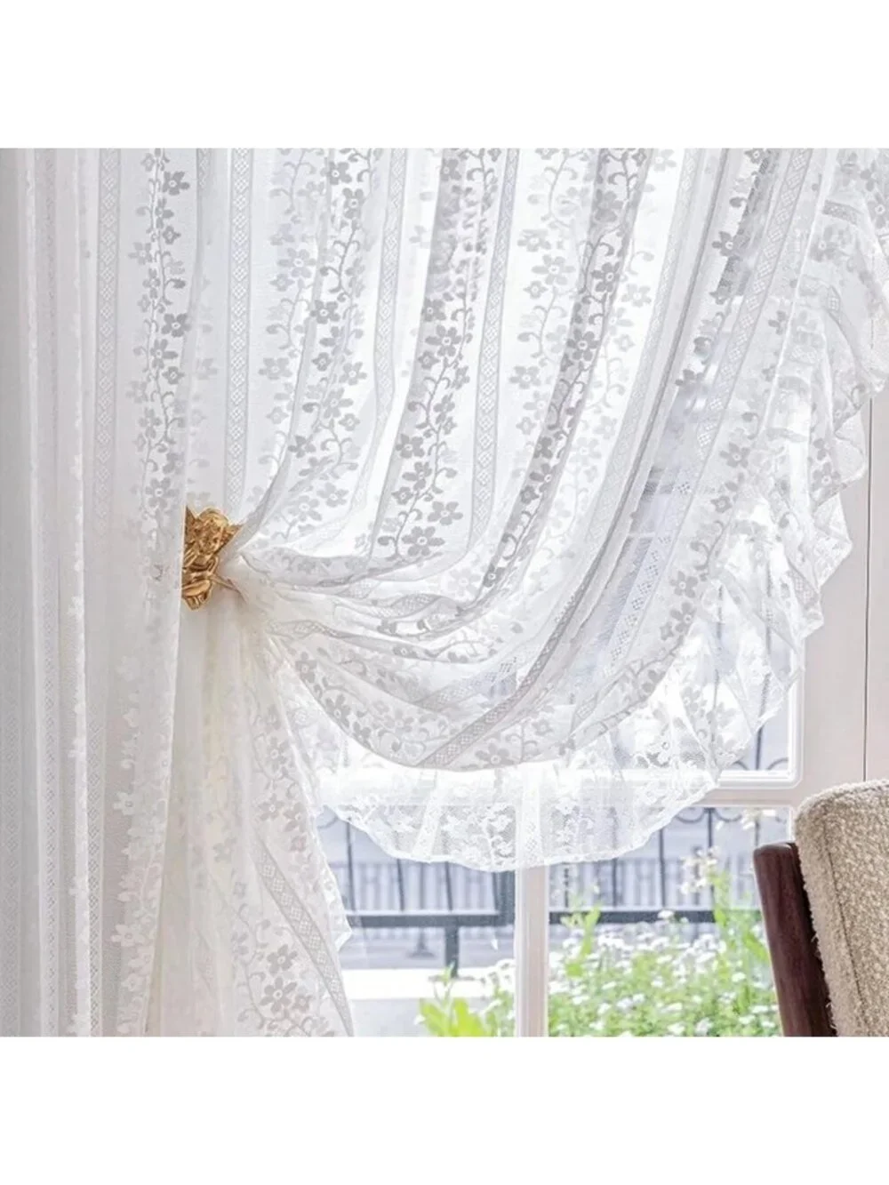White Lace Curtain with Ruffles - Floral Knitted Design for Girls' Bedroom Decor
